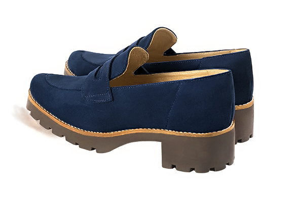 Navy blue women's casual loafers. Round toe. Low rubber soles. Rear view - Florence KOOIJMAN